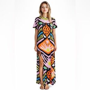 Sheridan French Abstract Print Studded Maxi Dress XS Short Sleeve Mod Boho